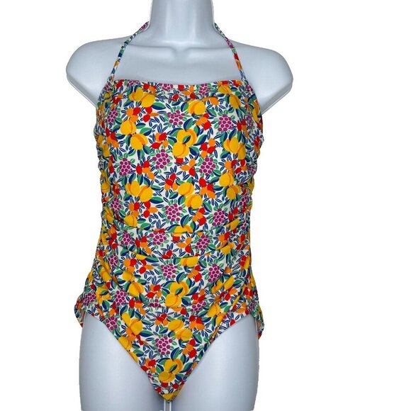 J Crew Tropical Fruit Bandeau One Piece Swimsuit Sz M Ruched - Picture 1 of 11